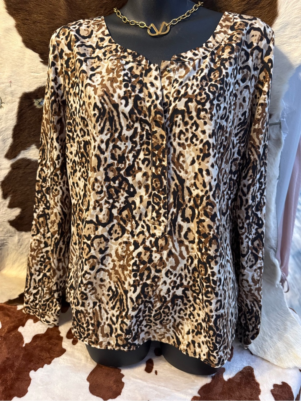 Merona Women's Leopard Print Button-Down Top in Brown and Black